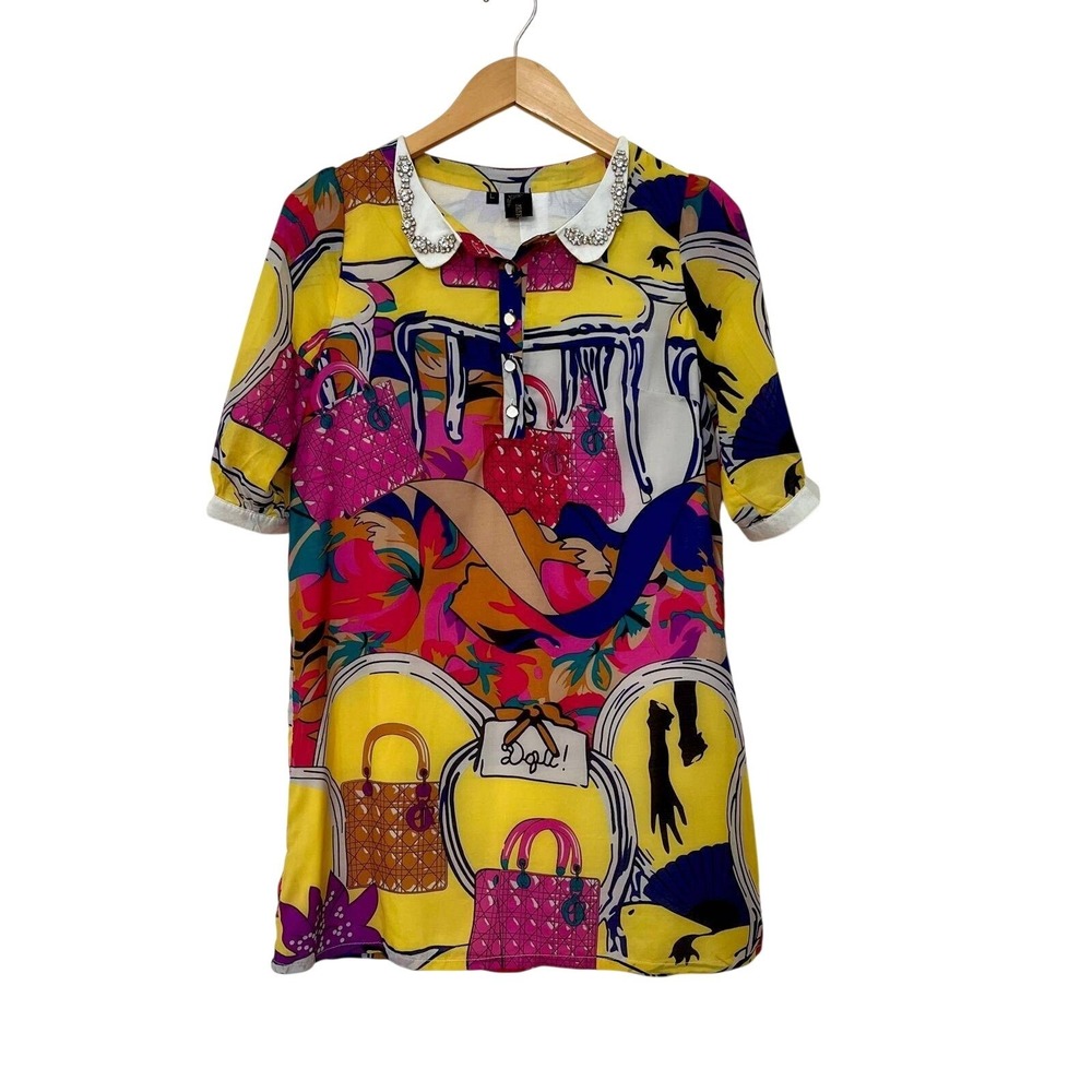 Silk Wool Blend Graphic Tunic Top L Beaded Peter Pan Collar Statement Maximalist